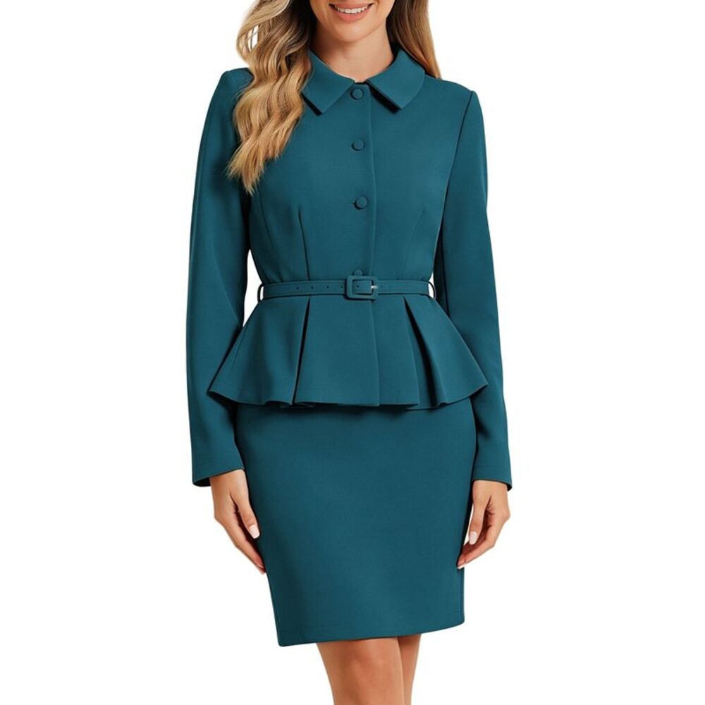 Business Suits Peplum Blazer Jacket Mini Pencil Skirt Sets Blue Green